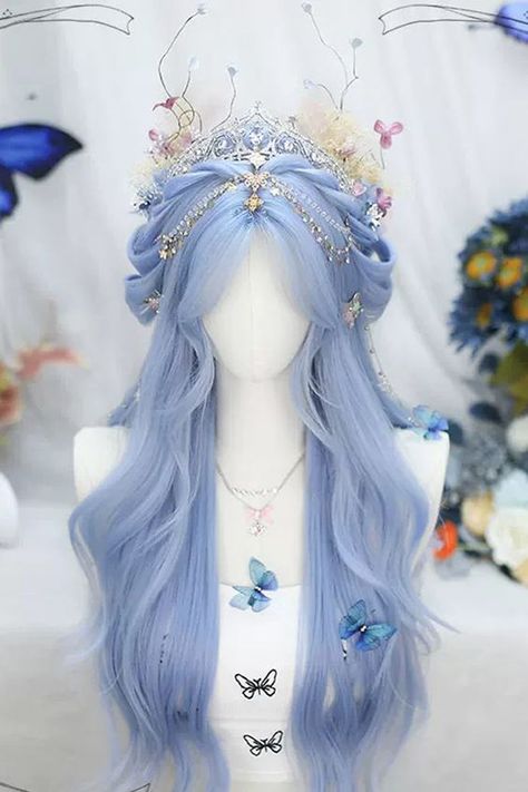 Blue Cute Clothes, Long Loose Curly Hair, Hair Styles Chinese, Winx Hairstyles, Anime Hair Ideas, Hair Dye Inspiration, Blue Hair Styles, Moon Hair Accessories, Blue Hair Wig