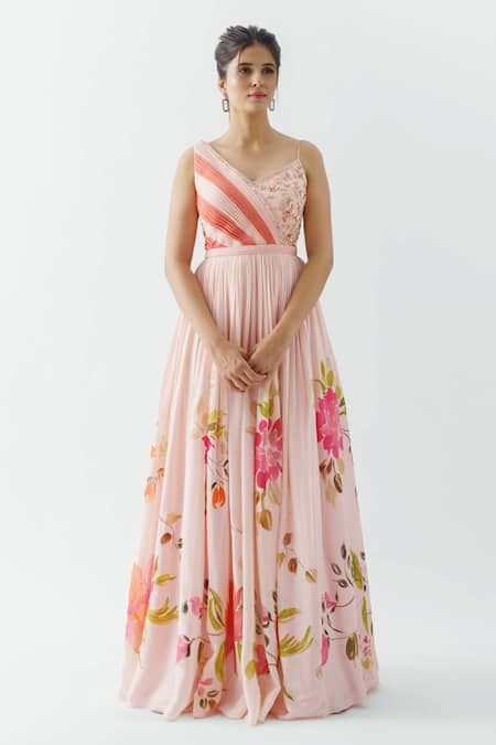 Buy Pink Georgette Crepe Hand Painted Floral Motifs V Neck Gown For Women by suruchi parakh Online at Aza Fashions. Stylish Gown, Long Frock Designs, Long Gown Design, Gown For Women, Half Saree Designs, Women Bodycon Dress, Long Frocks, Indian Gowns, Designer Dresses Casual