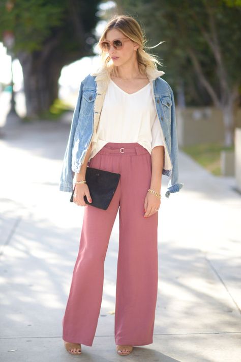 Celine Sunglasses (similar here), Topshop Denim Jacket, Cupcakes and Cashmere Blouse (similar here), Club Monaco Pants, Manolo Blahnik Sandals (similar here), Clare V. Clutch Rose Pants Outfit, Dusty Rose Pants, Dusty Pink Pants, Pink Pants Outfit, Manolo Blahnik Sandals, Jean Jacket Outfits, Celine Sunglasses, Clare V, Cupcakes And Cashmere