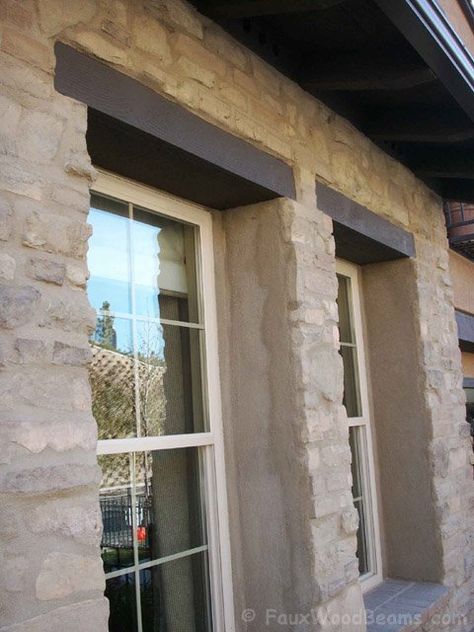 Window Headers: Exterior Accents | Faux Wood Workshop Recessed Windows Exterior, Faux Cedar Headers Above Windows, Wood Lintel Over Window, Wood Beam Above Window Exterior, Wood Headers Over Exterior Windows, Wood Beam Window Header Exterior, Wood Over Window Exterior, Wood Lintel, Window Lintel