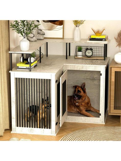 PAKASEPT Large Corner Dog Crate Furniture for 2 Dogs, with Room Divider and Storage Stand, Decorative Wooden Crate End Table for Large/Medium/Small Dogs - Ideal for Limited Spaces and ApartmentsI discovered amazing products on SHEIN.com, come check them out! Kallax Dog Crate, Stackable Dog Crates, Homemade Dog Kennel, Dog Corner Ideas Small Spaces, Wooden Crate End Table, Corner Dog Crate, Camper Dog, Kennel Furniture, Double Dog Crate