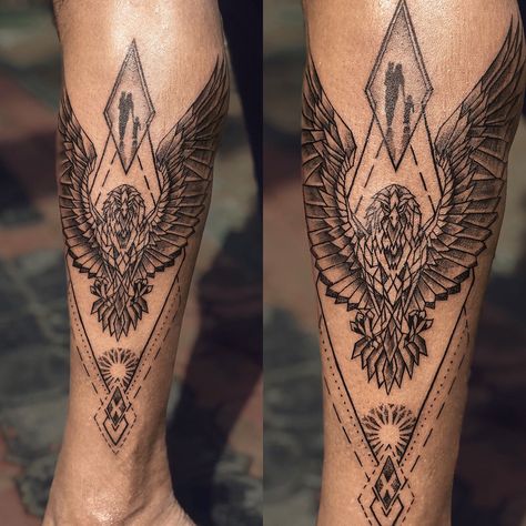 Eagle Calf Tattoo, Geometric Eagle Tattoo Design, Guys Forearm Tattoos, Geometric Eagle Tattoo, Small Tattoos For Guys Forearm, Tattoos Calf, Geometric Tattoo Eagle, Tattoos For Guys Forearm, Goodfellas Tattoo