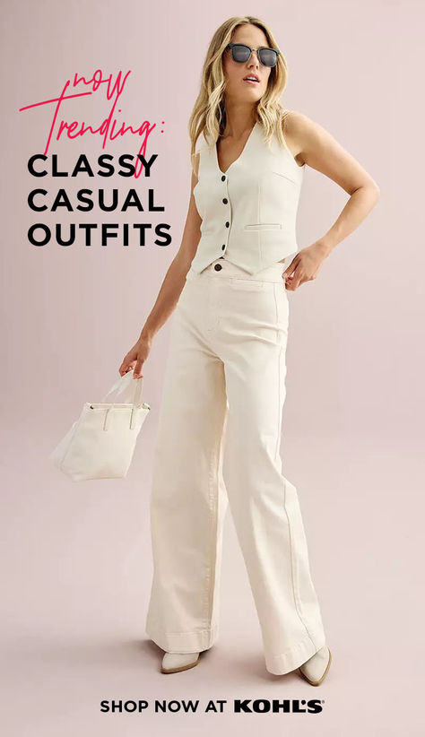 When your day calls for a balance of classy and casual, opt for monochromatic styles with elevated details or tailored silhouettes. Shop wide-leg pants, vests, accessories and more classy casual outfit essentials at Kohl’s and Kohls.com. Chic Beige Full Length Wide Leg Pants, Classic Khaki Wide Leg Cargo Pants, Chic Khaki Wide Leg Cargo Pants, High Rise Beige Wide Leg Pants With Relaxed Fit, Affordable Trendy Cable Knit Cardigan, Kohls Outfits, York Outfits, Fashion Girly, Elegant Classy Outfits