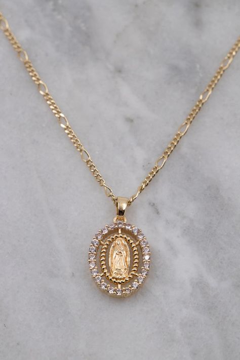 Necklaces Virgin Mary, Virgin Mary Necklace Aesthetic, Cross And Virgin Mary Necklace, Gold Necklace Virgin Mary, Mexican Jewelry Gold Pendant Necklace, Virgin Mary Pendant Necklace, Virgen Mary Necklace, Virgin Mary Chain, Gold Catholic Jewelry