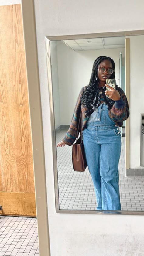 Black Woman Overalls, Overalls Outfit With Sweater, How To Style Overalls Fall, Overalls Black Women, Sweater Overalls Outfit, Overalls Outfit Black Women, Black Overalls Outfit Fall, Denim Overalls Outfit Fall, Overall Winter Outfit