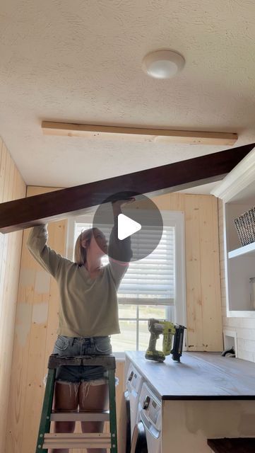 45 likes, 11 comments - maura_and_co_interiors on October 2, 2024: "✨ Easy DIY faux beams! ✨ Start to finish on how I made & installed them! This is what I was most excited for in this space 🥰 I LOVE THEM! I still can’t believe I got them up by myself! It’s incredible at what you can do when you really put your mind to it! Custom stain blend 50/50 mix of @minwaxusa WATERBASED walnut and dark walnut! #DIY #Fauxbeams #beams #doityourself #laundryroom #progress #easyproject #easyDIY #home #in How To Install Faux Beams, Diy Beams Ceiling, Faux Beams Vaulted Ceiling, Diy Faux Beams, Beam In Kitchen, Fake Beam, Beam Ideas, Lvl Beam, Support Beam