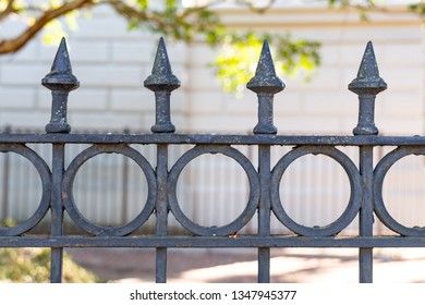 Detail of the top of an ornate iron fence Wrought Iron Fence Spikes, Iron Gate Finials, Victorian Iron Gates, Antique Wrought Iron Gates, Wrot Iron Fence, Compound Wall, Industrial Interiors, Channel Art, Iron Fence