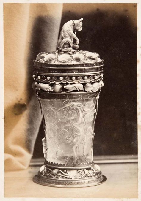 Photographs of the 'Cat Cup' designed by William Burges...Burges had one of these in Tower House, it's in one of the photographs. Lady Gwendolyn, the wife of the Marquess of Bute, chose this to keep, out of William Burges's possessions, when he died. William Burges, William Wallace Monument, William Kentridge Sculpture, Cats In Art History, Wedderburn Castle, Claes Oldenburg Sculpture, Saint Mary, Scent Bottle, Architecture Portfolio