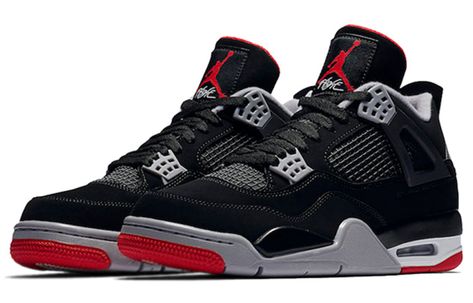 Nike Air Jordan 4 Retro Bred Dropped in May 2019, the Nike AJ 4 Retro Bred comes in a ruddy sole with white midsole decorated with grey, white and dark complements. Air Jordan 4 Bred, Jordan 4 Retro Bred, Zapatillas Nike Jordan, Jordan 4 Bred, Original Air Jordans, Nike Air Jordan 4, Jordan Retro 4, Jordan 4s, Black Cement