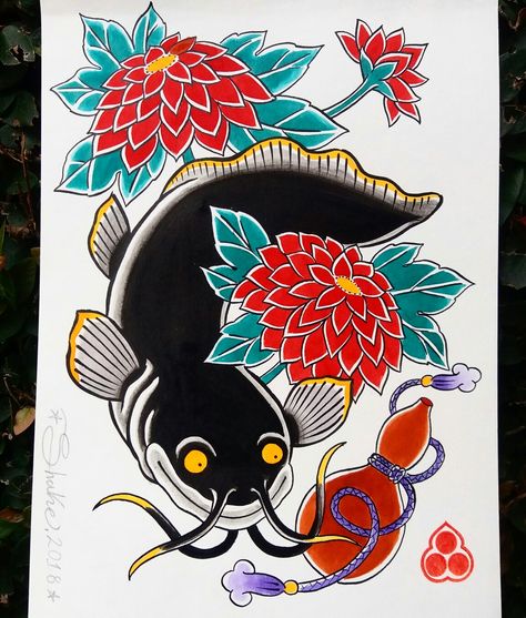 Namazu, Hyotan e Kiku Namazu Tattoo, Kiku Flower, Trout Tattoo, Traditional Japanese Tattoo Flash, Fish Japanese, J Tattoo, Japan Tattoo Design, Japanese Tattoos, Traditional Japanese Tattoos