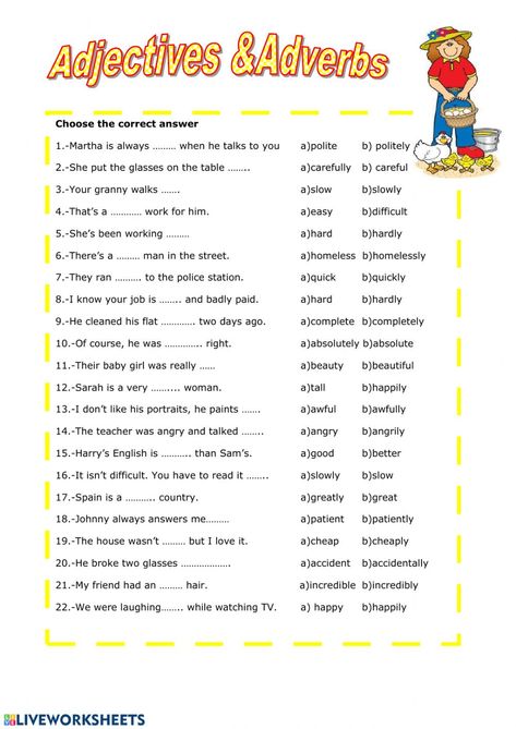 Adjectives vs adverbs worksheet Adverbs Sentences, Adjectives Exercises, Adverbs Worksheet, Adjective Worksheet, Prepositional Phrases, English Grammar Worksheets, 2nd Grade Worksheets, English Worksheets For Kids, English Activities