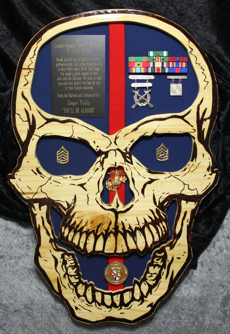 USMC plaque  Questions on design or price contact Lunawood1775@gmail.com Diy Wood Plaques Ideas, Plaques Ideas, Usmc Retirement, Usmc Gifts, Wood Skull, Plaque Ideas, Usmc Wife, Military Shadow Box, Once A Marine