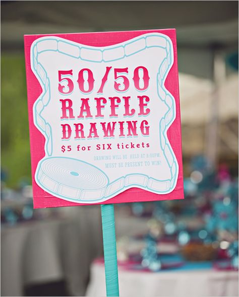 A really creative alternative to the ‘dollar dance’ — was the 50/50 raffle. Advertised in the invitations, guests new that they could purchase raffle tickets at 6 for 5 dollars. The pot grew and the winner must be present at 8pm to win half of the money in the box. 9 times out of 10, the entire pot will be forfeited to the bride and groom to help on their honeymoon. What a great idea! Church Fundraising Ideas, Benefit Ideas, 50 50 Raffle, Dance Fundraisers, Dollar Dance, Raffle Basket Ideas, Wedding Scroll, Raffle Tickets Template, Silent Auction Ideas