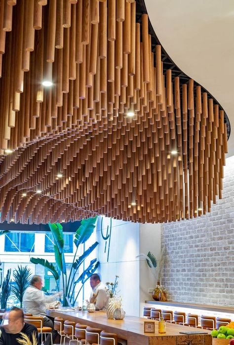 Parametric Restaurant, Cafe Lighting Design, Wall Ceiling Design, Parametric Ceiling, Wooden Feature Wall, Hunter House, Resturant Design, Ceiling Feature, Bamboo Ceiling