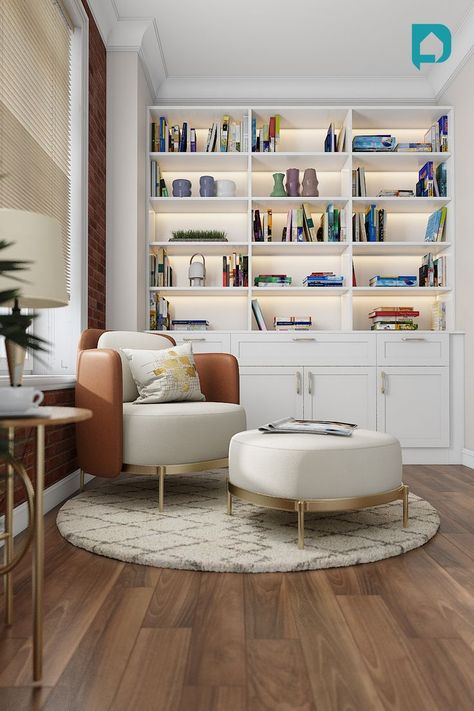 For This Read A Book Day, Design Your Own Reading Nook Books Corner Bedroom, Reading Corner Library Design, Small Room Reading Area, Study Corner Ideas Living Room, Small Lecture Room, Small Library Corner Living Room, Small Corner Library, Chic Study Room, Study Snug Room