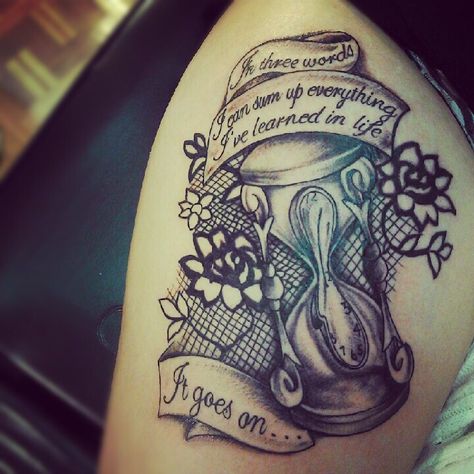 My 2nd tattoo! My original thigh piece. My artist drew this up for me. It is a Robert Frost quote and the piece if lace behind the hour glass is an actual piece of lace that I own. This is probably my favorite. Had this done at age 19. Hour Glass Tattoo Designs For Women, Shattered Hourglass Tattoo, Hour Glass Tattoos For Women, Day And Night Hourglass Tattoo, Hour Glass Skull Tattoo Ideas, Hourglass Memorial Tattoo, Hourglass Tattoo, Leg Tattoos Women, Thigh Tattoos Women