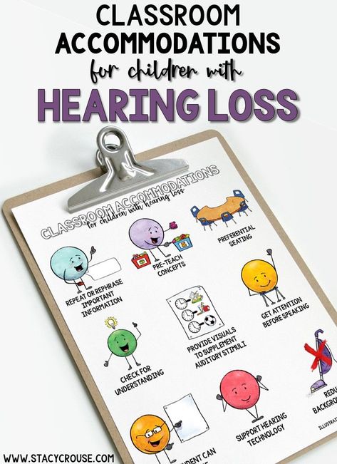 How can teachers support children with hearing loss in school? These 9 common classroom accommodations provide ideas to help students with hearing loss be successful in general education classrooms. Deaf Education Bulletin Board, Deaf Classroom Ideas, Hearing Impaired Activities, Deaf Education Classroom, Deaf Classroom, Deaf Education Activities, Teacher Of The Deaf, Auditory Verbal Therapy, Deaf Awareness