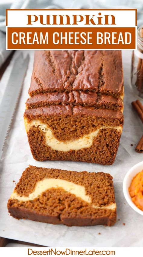 Pumpkin Cream Cheese Bread is tender and moist with the perfect blend of pumpkin spice, and is layered with a creamy cheesecake filling. This delicious cream cheese filled pumpkin bread creates a beautiful loaf with contrasting orange and white swirls for the perfect fall dessert. Cream Cheese Stuffed Pumpkin Bread, Pumpkin Bread With Cream Cheese Filling, Bread Loaf Ideas, Pumpkin Cream Cheese Loaf, Pumpkin And Cream Cheese Recipes, Pumpkin Loaf With Cream Cheese, Pumpkin Cheesecake Bread, Cheesecake Loaf, Cream Cheese Pumpkin Bread