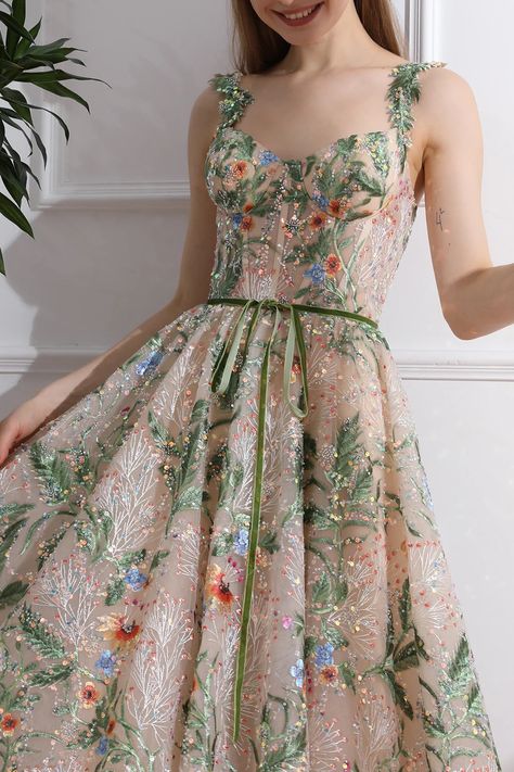 MissJophiel Straps V Neck Corset Floral Embroidery Beaded Midi Dress V Neck Corset, Beaded Midi Dress, Patterned Bridesmaid, Fair Wedding, Green Champagne, Neck Corset, Corset Design, Embroidery Beaded, 2024 Prom