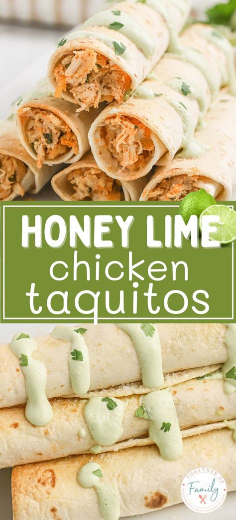 Honey Lime Chicken Taquitos, Cilantro Lime Chicken Taquitos, Chicken Taquitos Baked, Taquitos Chicken, Easy Salsa Verde, Mini Chicken Tacos, Lime Chicken Tacos, Taquitos Recipe, Honey Lime Chicken