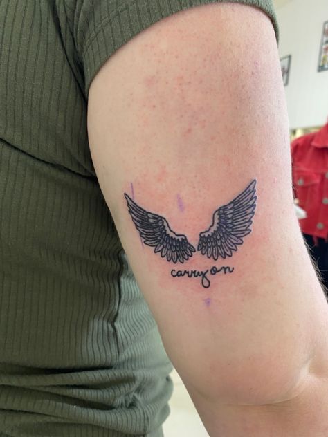 Supernatural Angel Wings Tattoo, Carry On Wayward Son Tattoo, Carry On Tattoo Supernatural, Subtle Supernatural Tattoo, Carry On Tattoo, Supernatural Inspired Tattoos, Castiel Tattoo, Supernatural Tattoo Ideas, Spn Tattoo