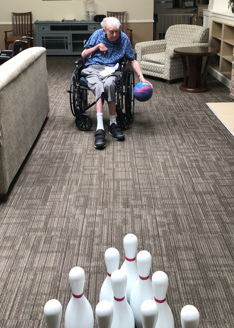 Indoor bowling for the win! We've found creative ways to have fun and keep active while staying-at-home.  #seniorlivingactivities Nursing Home Occupational Therapy, Senior Living Activities Nursing Homes, Things To Do With Elderly People, Dementiability Activities Crafts, Snf Activities, Activities For Older Adults, Senior Care Activities, Geriatric Activities, Indoor Bowling