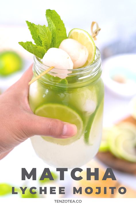 An impressive summer iced drink, If you love matcha lattes, you'll really enjoy this recipe. #matcha #summerdrinks #healthydrinks Matcha Mixed Drink, Matcha Cocktail Recipes, Lychee Mojito, Matcha Cocktail, Matcha Shop, Matcha Drink Recipes, Matcha Drinks, Morning Matcha, Matcha Drink