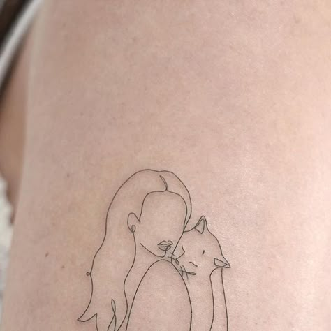 Remembering Cat Tattoo, Cat And Hand Tattoo, Tattoos To Remember Your Cat, Cat And Woman Tattoo, Pet Tattoos Cat Memorial, Lost Cat Tattoo, 3 Cats Tattoo, Fineline Cat Tattoo, Tattoo For Cat