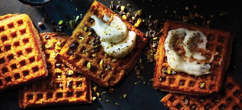 Sweet Potato Dessert Waffles Sweet Potato Dessert Waffles Homemade Aquafaba, Aquafaba Whipped Cream, Oat Waffles, Pie Squares, Oatmeal Waffles, Healthier Breakfast, Sweet Potato Dessert, Cranberry Orange Sauce, Dessert Waffles