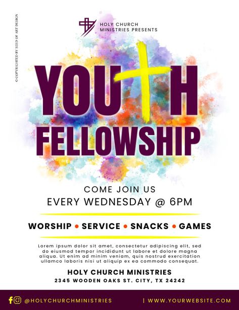 Colorful Youth Fellowship Church Service Flyer, church youth fellowship service event flyer, paint splatters church flyers, fun colorful kids activity church flyers, youth children's church event flyer, instant download, church flyers. Youth Service Ideas Church, Church Service Flyer Design, Youth Service Flyer, Church Graphic Design Event Flyers, Youth Church Graphic Design, Church Service Flyer, Church Event Flyer, Church Youth Group, Church Youth