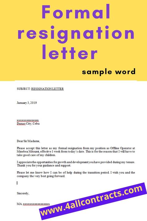 Formal resignation letter sample template Example of resignation letter Do you need to write a resignation letter? Here are some of the best resignation letter examples and templates for different circumstances that you can use to quit your job, including basic and formal letters, email resignation letters, two advance notice letters, and more. week, letter of resignation, short notice or not - letter of notice, letter of personal reason, example of resignation letter sample Resignation Letter Quitting Job Simple, Resignation Letter Quitting Job, Best Resignation Letter, Formal Resignation Letter Sample, Professional Resignation Letter, Resignation Letter Format, Letter Of Resignation, Notice Period, Short Resignation Letter