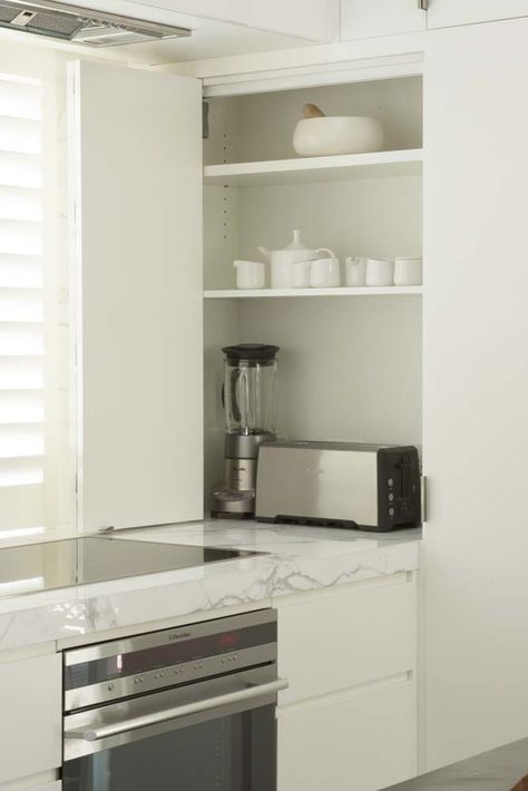 Appliance Cupboard in Kitchen. Brooke Aitken Design. Appliance Corner Kitchen, Corner Appliance Cupboard, Kitchen Appliances Cupboard, Mixer Cupboard, Hidden Kitchen Appliances Cupboards, Appliance Cubby, Appliance Cupboard Kitchen, Bifold Appliance Cupboard, Grey Cupboards