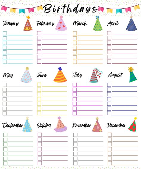 Keep track of birthdays with this fun Birthday tracking sheet! A great way to organize, list and track birthdays! This is a printable version and can be edited with Adobe or any PDF editable app.  Portrait version = 8.5 inches (W) x 11 inches (H) (215.9 by 279.4 mm) and is similar in use to the A4 paper standard  This is a instant downloadable file. No shipping required and final sale. *Please contact with any questions! Thank you!* Thank you! Birthday Calendar Classroom, Calendar Birthday, Birthday Organizer, Kalender Design, Birthday Tracker, Birthday Reminder, Bulletin Journal Ideas, Office Birthday, Birthday Dates