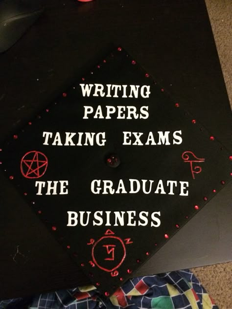 Just finished my graduation cap! Pretty proud of it. :) Supernatural Graduation Cap Ideas, Scary Movie Graduation Cap, History Graduation Cap Ideas, Forensics Grad Cap, Supernatural Graduation Cap, Skyrim Graduation Cap, Goth Graduation Cap, Horror Themed Graduation Caps, Best Revenge Is Your Paper Grad Cap