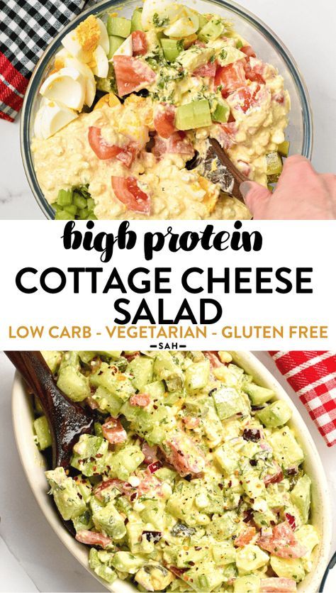 This Cottage Cheese Salad is the best quick and easy low-carb side to your BBQ or simply a high-protein lunch that is also low-carb. Plus, this is a vegetarian salad too perfect for meat-free Monday's. High Protein Salads Low Carb, High Protein Side Dishes, Tapioca Salad, Protein Salads, Cottage Cheese Recipes Healthy, Cottage Cheese Salad, High Protein Salads, Vegetarian Salad, Protein Salad