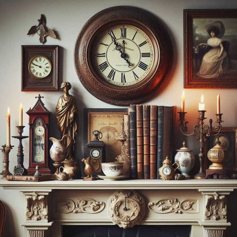 14 Create a Cozy Atmosphere: Mantle Decor Ideas » HomeDecorFull Fireplace Mantle Decor With Clock, Mantle Clock Decorating Ideas, Decorate Mantle Fireplace, Books On Mantle, Layered Mantle Decor, Vintage Fireplace Mantle, Mantle Decor With Clock, Traditional Mantle Decor, Traditional Mantle