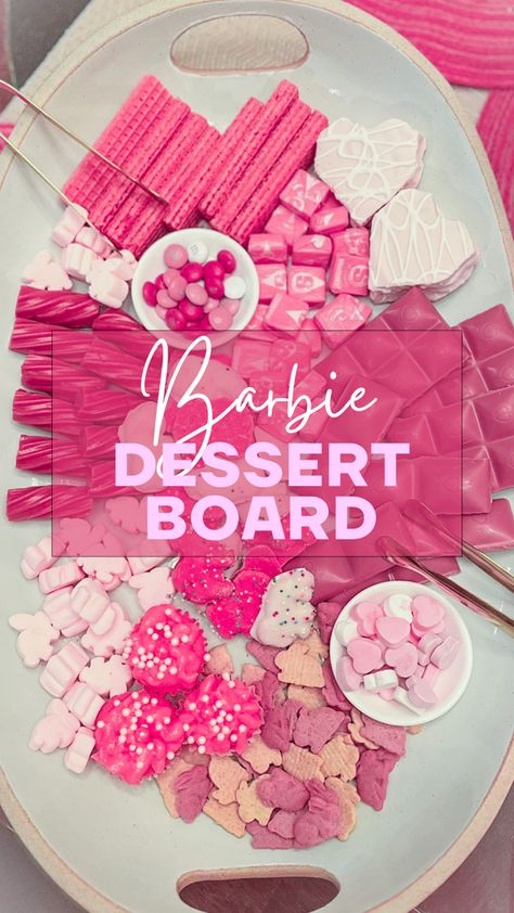 A dessert board full of pink and white Barbie inspired desserts Barbie Cookie Cake, Cute Diy Aesthetic, Barbie Charcuterie Board, Frosted Animal Cookies, Barbie Cupcakes, Home Made Candy, Cakes Pink, Aesthetic Dessert, Food Platter