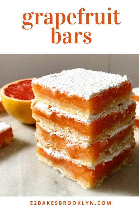 Grapefruit Bars | e2 bakes brooklyn Grapefruit Dessert Recipes, Grapefruit Dessert, Grapefruit Bars, Grapefruit Recipes, Citrus Desserts, Citrus Recipes, Ruby Red Grapefruit, Family Easter, Hello Fashion