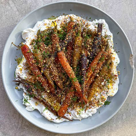 Zatar Roasted Carrots, Roasted Carrots With Labneh, Hummus With Roasted Vegetables, Zaatar Carrots, Miso Carrots, Hot Honey Carrots, Carrot Butter, Zatar Recipes, Vegan Tapas