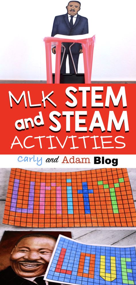 Martin Luther King, Jr. STEM and STEAM Activities: Are your finding time to teach social studies? Integrate social studies with math and language arts lessons through STEM! Teach about Martin Luther King, Jr. this month with STEM and STEAM activities that incorporate, reading, writing, math, and making! #STEM #blackhistorymonth Martin Luther King Jr Elementary Activities, Diversity Stem Activities, Martin Luther King Jr Activities 2nd Grade, Martin Luther King Projects For Kids, Mlk Math Activities, Martin Luther King Jr Activities 3rd, Martin Luther King Activities For Kids, Martin Luther King Jr Art For Kids, Martin Luther King Jr Art Projects