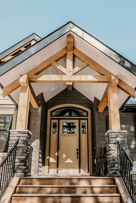 Wood Gable Front Porch, Cedar Portico Entry, Timber Frame Entryway, Timber Frame Gable, Post And Beam Entrance, How To Build A Portico, Timber Frame Front Entry, A Frame Entryway Exterior, Timber Frame Homes Exterior