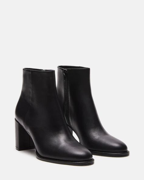 JOZIE Black Leather Block Heel Bootie | Women's Booties – Steve Madden Leather High Heel Ankle Boots, Steve Madden Ankle Boots Outfit, Fall Booties Ankle Boots, Black Heel Ankle Boots, Ankle Booties Outfit, Black Block Heel Boots, Steve Madden Boots Ankle, Cute Ankle Boots, Women's Booties