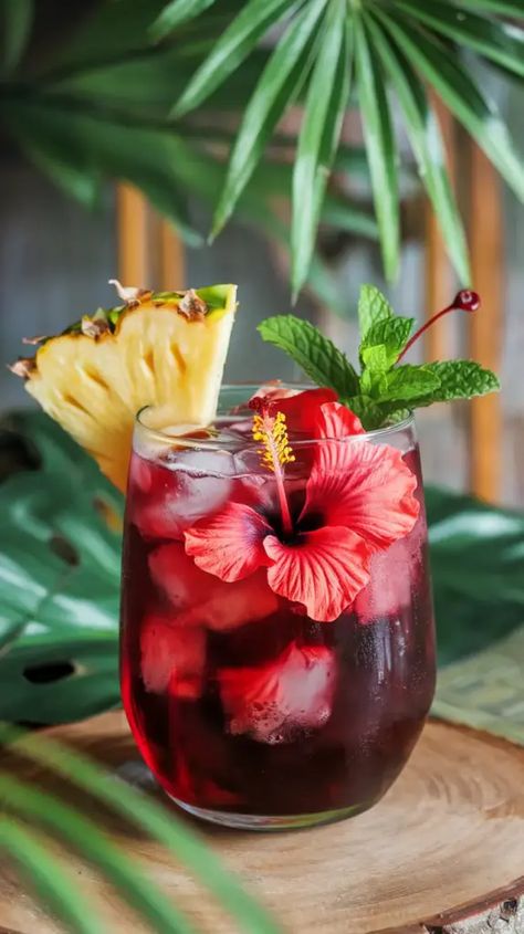 A photo of a tropical hibiscus punch. The punch is a deep red color with a few floaters. It is served in a glass with a pineapple wedge, a maraschino cherry, and a mint sprig. The glass is filled with ice cubes. There is a hibiscus flower in the punch. The background is a lush tropical setting with greenery and a wooden surface. Flower Drinks Ideas, Hibiscus Tea Drinks, Hibiscus Punch, Flower Drinks, Hibiscus Cocktail, Hibiscus Flower Tea, Hibiscus Garden, Drinks Ideas, Hibiscus Plant