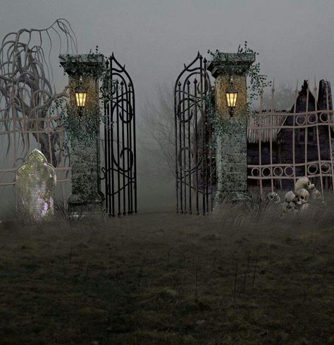 Spooky Creepy Gates Entrance, Scary Gate Entrance, Fantasy Gate, Halloween Hamster, Cemetery Gates, Mansion Aesthetic, Creepy Games, Castle Gate, Gothic Garden