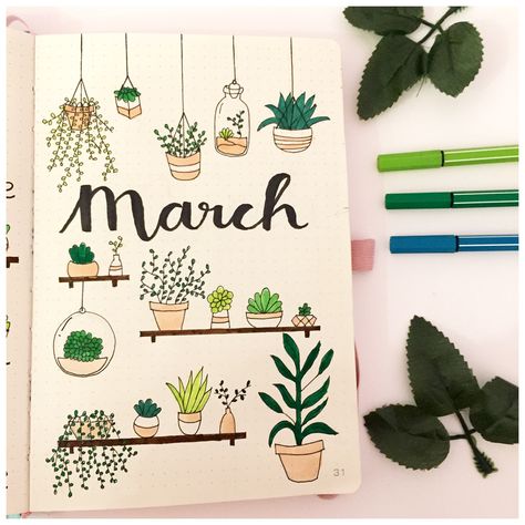 2020 March cover with a succulent theme! March Drawings, March Doodles, Notebook Cover Design Drawing, March Bujo Theme Ideas, Bujo March Cover, March Bujo Cover, May Bullet Journal Cover, March Bujo Theme, Bullet Journal Leaves