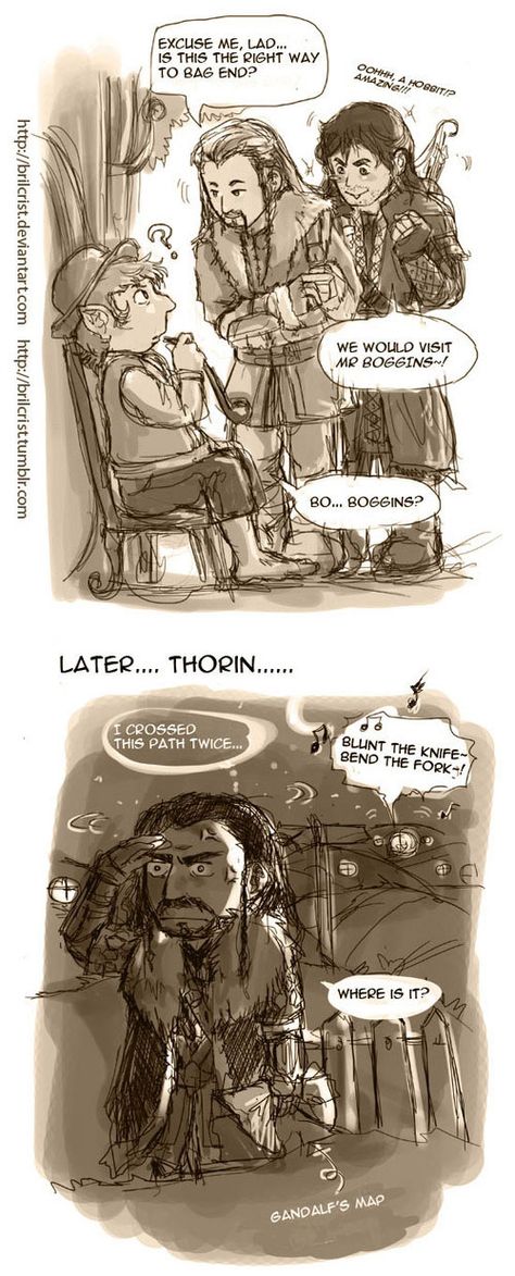 Journey to Bag End by Brilcrist.deviantart.com on @DeviantArt ---- I love the headcannon that Thorin is near-sighted to the point of being legally blind, but the thought that he could not hear the racket the others were making at Bag End either is hilarious!!! Thorin X Bilbo Fanart Kiss, Thorin X Thranduil, Thorin Hobbit, Thorin Oakenshield Fanart, Bilbo X Thorin, Ring Wraiths, Hobbit Funny, Kili Hobbit, The Misty Mountains Cold