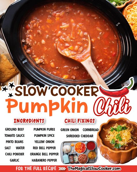 Easy Pumpkin Chili, Pumpkin Slow Cooker Recipes, Healthy Pumpkin Chili Crockpot, Pumpkin Chili Crockpot, Slow Cooker Pumpkin Chili, Chili Cooked In A Pumpkin, Chili Recipe Pumpkin, Crockpot Pumpkin Chili, Easy Halloween Dinner Ideas