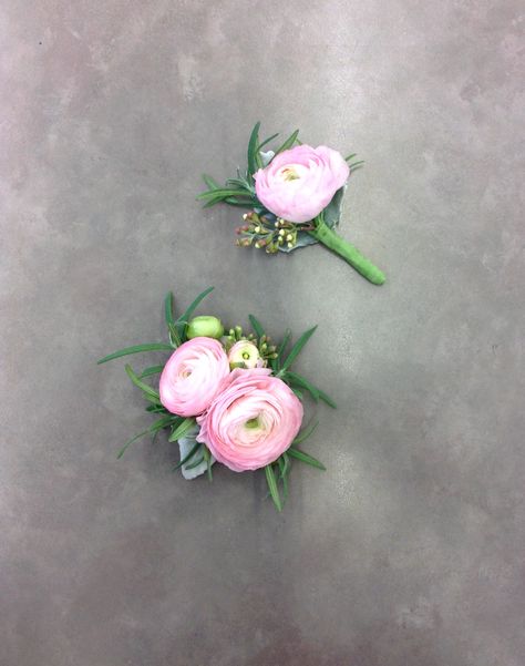 Peony Corsage And Boutonniere, Ranunculus Wrist Corsage, Prom Corsage Pink, Ranunculus Corsage, Peony Corsage, Nosegay Bouquet, Boutonniere Prom, Prom Flowers Bouquet, Dance Flowers