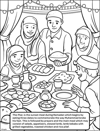 Ramadan Iftar Coloring Page | crayola.com New Coloring Pages, Ramadan Printables, Ramadan Iftar, Crayola Coloring Pages, Ramadan Poster, Ramadan Kids, Chibi Sketch, Kids Diary, Ramadan Activities