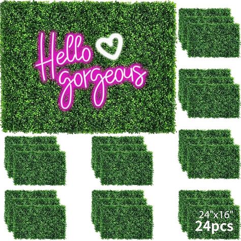 Boxwood Hedge Wall, Hedge Wall, Fake Walls, Fence Backyard, Greenery Backdrop, Fake Leaves, Artificial Grass Wall, Grass Backdrops, Pink Neon Sign